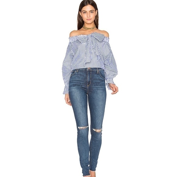 J.O.A. Off The Shoulder Stripe Top on Blue… - Picture 2 of 9